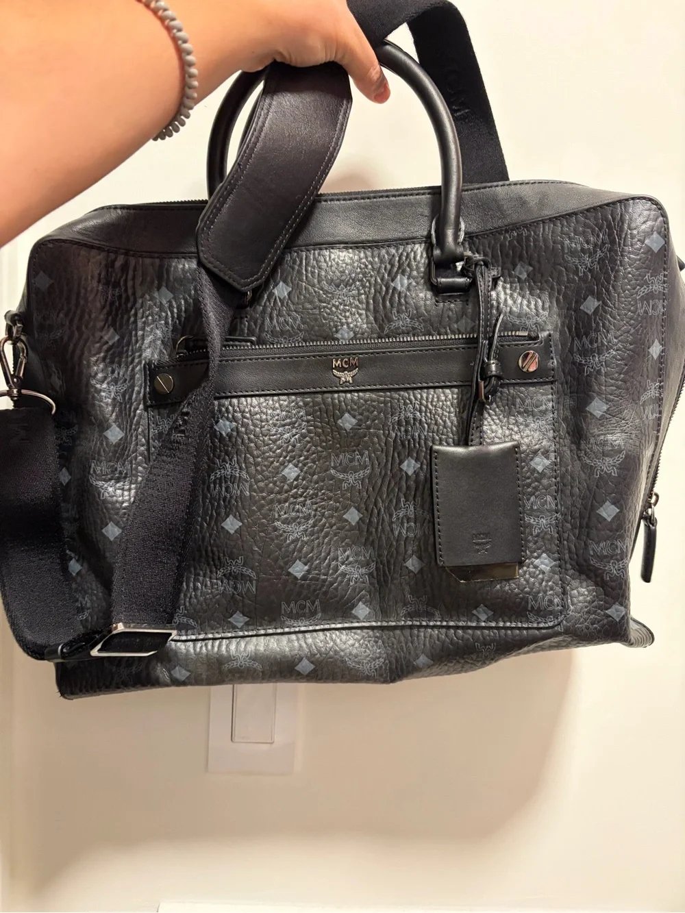 MCM Black Visetos Logo Leather Briefcase with Detachable Strap